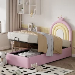 Lit 90x200 cm avec tête de lit réglable, tapissé PU rose et sommier à lattes, design contemporain