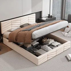 Lit 140x190 cm avec tête de lit capitonnée réglable en velours beige, design intemporel classique et contemporain