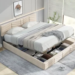 Lit 140x190 cm avec tête de lit capitonnée réglable en velours beige, design intemporel classique et contemporain