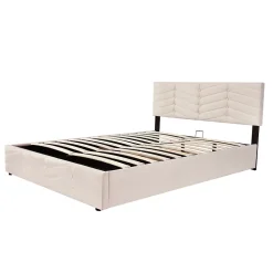 Lit 140x190 cm avec tête de lit capitonnée réglable en velours beige, design intemporel classique et contemporain