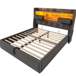 Lit 140x200 cm avec tête de lit à éclairage led et rangement hydraulique, revêtement en lin gris style rétro