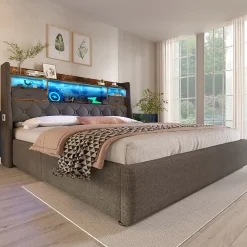 Lit 140x200 cm avec tête de lit à éclairage led et rangement hydraulique, revêtement en lin gris style rétro