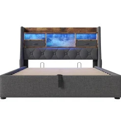 Lit 140x200 cm avec tête de lit à éclairage led et rangement hydraulique, revêtement en lin gris style rétro