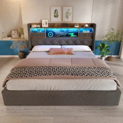 Lit 140x200 cm avec tête de lit à éclairage led et rangement hydraulique, revêtement en lin gris style rétro