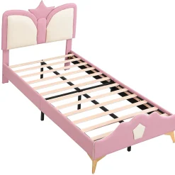 Lit 90x200 cm avec tête de lit en forme de couronne, tapissé PU rose et blanc, cadre métal et pieds dorés