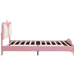 Lit 90x200 cm avec tête de lit en forme de couronne, tapissé PU rose et blanc, cadre métal et pieds dorés