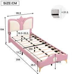 Lit 90x200 cm avec tête de lit en forme de couronne, tapissé PU rose et blanc, cadre métal et pieds dorés