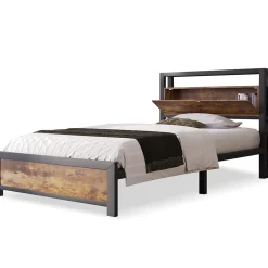 Lit 90x200 cm avec tête de rangement et espace sous-lit 26,5 cm, cadre métal et panneau bois naturel