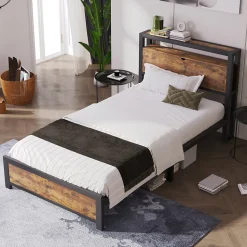 Lit 90x200 cm avec tête de rangement et espace sous-lit 26,5 cm, cadre métal et panneau bois naturel