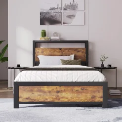 Lit 90x200 cm avec tête de rangement et espace sous-lit 26,5 cm, cadre métal et panneau bois naturel