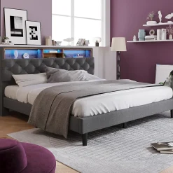Lit 140x200 cm avec tête de rangement et bande LED, cadre bois massif tapissé lin gris, rangements intégrés