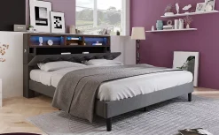 Lit 140x200 cm avec tête de rangement et bande LED, cadre bois massif tapissé lin gris, rangements intégrés