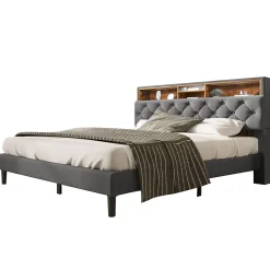 Lit 140x200 cm avec tête de rangement et bande LED, cadre bois massif tapissé lin gris, rangements intégrés