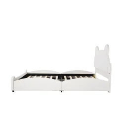 Lit 140x200 cm avec tête d'ours tapissée velours blanc, cadre bois et métal pour chambre d'enfant