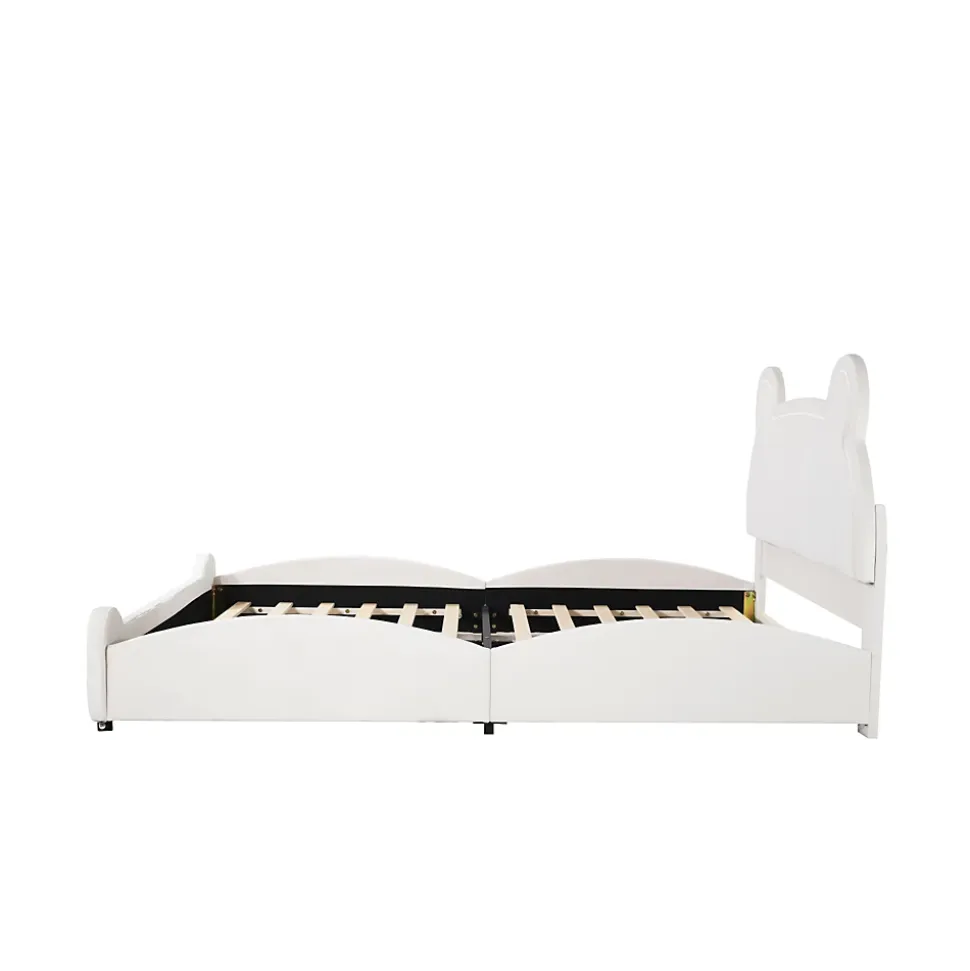 Lit 140x200 cm avec tête d'ours tapissée velours blanc, cadre bois et métal pour chambre d'enfant