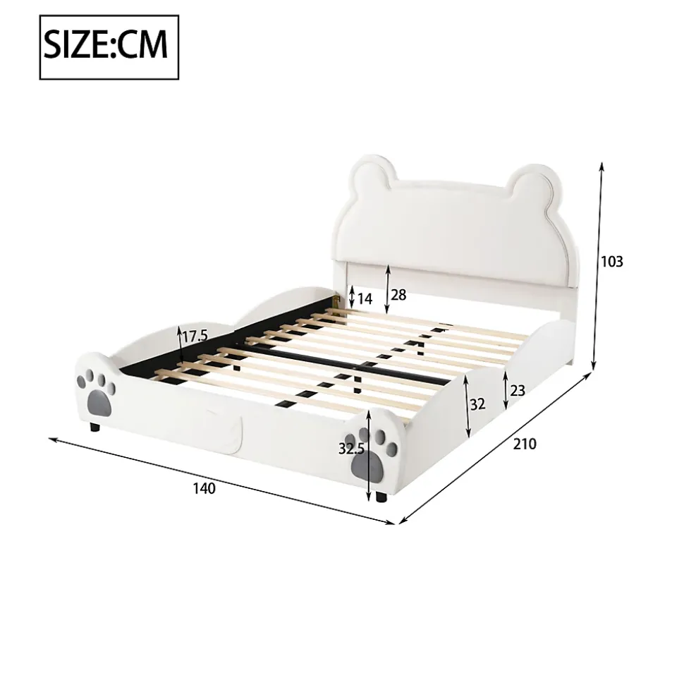 Lit 140x200 cm avec tête d'ours tapissée velours blanc, cadre bois et métal pour chambre d'enfant