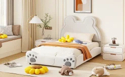 Lit 140x200 cm avec tête d'ours tapissée velours blanc, cadre bois et métal pour chambre d'enfant