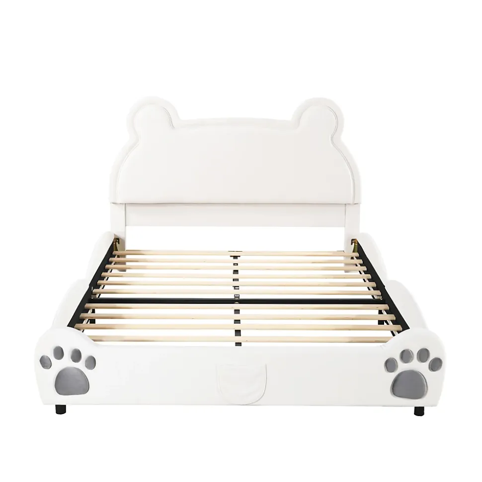 Lit 140x200 cm avec tête d'ours tapissée velours blanc, cadre bois et métal pour chambre d'enfant