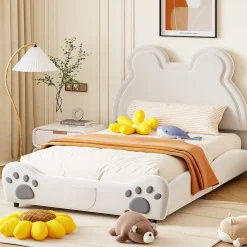 Lit 140x200 cm avec tête d'ours tapissée velours blanc, cadre bois et métal pour chambre d'enfant