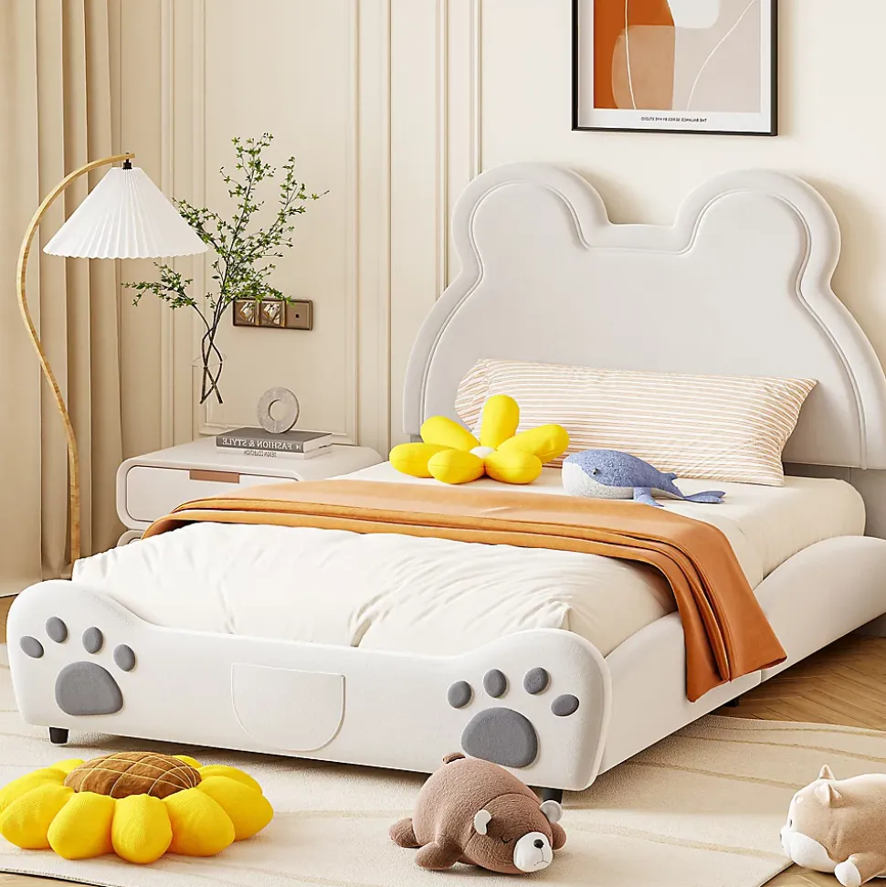 Lit 140x200 cm avec tête d'ours tapissée velours blanc, cadre bois et métal pour chambre d'enfant