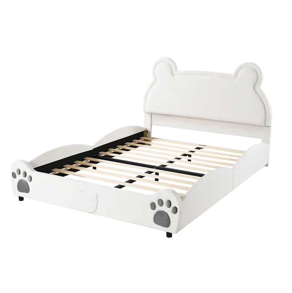 Lit 140x200 cm avec tête d'ours tapissée velours blanc, cadre bois et métal pour chambre d'enfant