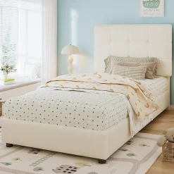 Lit 90x200 cm avec tête en forme de biscuit beige, cadre PU et métal, dossier rembourré et bords mousse