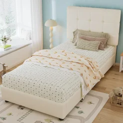 Lit 90x200 cm avec tête en forme de biscuit beige, cadre PU et métal, dossier rembourré et bords mousse