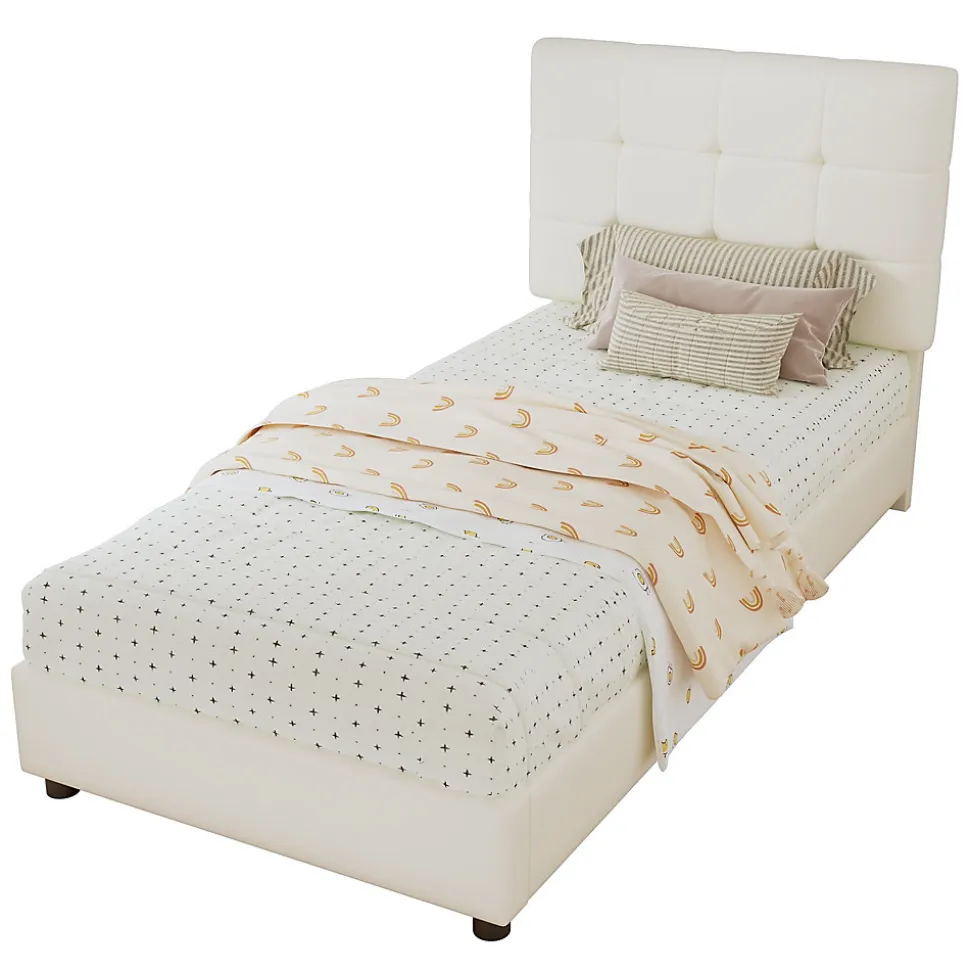 Lit 90x200 cm avec tête en forme de biscuit beige, cadre PU et métal, dossier rembourré et bords mousse