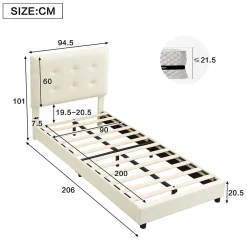 Lit 90x200 cm avec tête en forme de biscuit beige, cadre PU et métal, dossier rembourré et bords mousse