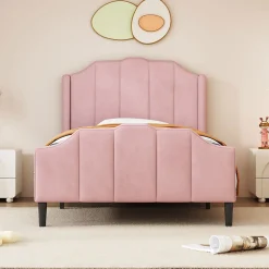 Lit 90x200 cm avec tête et pied rembourrés en velours rose, cadre MDF solide et 12 lattes renforcées