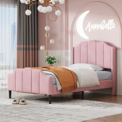 Lit 90x200 cm avec tête et pied rembourrés en velours rose, cadre MDF solide et 12 lattes renforcées