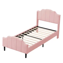 Lit 90x200 cm avec tête et pied rembourrés en velours rose, cadre MDF solide et 12 lattes renforcées