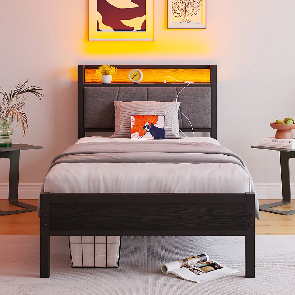 Lit 90x200 cm avec tête haute rembourrée, LED intégrées et station de charge USB, cadre métal noir