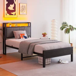 Lit 90x200 cm avec tête haute rembourrée, LED intégrées et station de charge USB, cadre métal noir