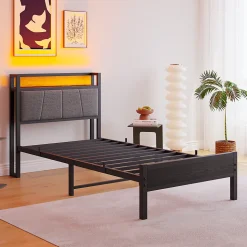 Lit 90x200 cm avec tête haute rembourrée, LED intégrées et station de charge USB, cadre métal noir