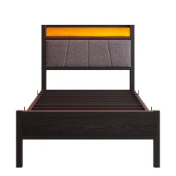 Lit 90x200 cm avec tête haute rembourrée, LED intégrées et station de charge USB, cadre métal noir