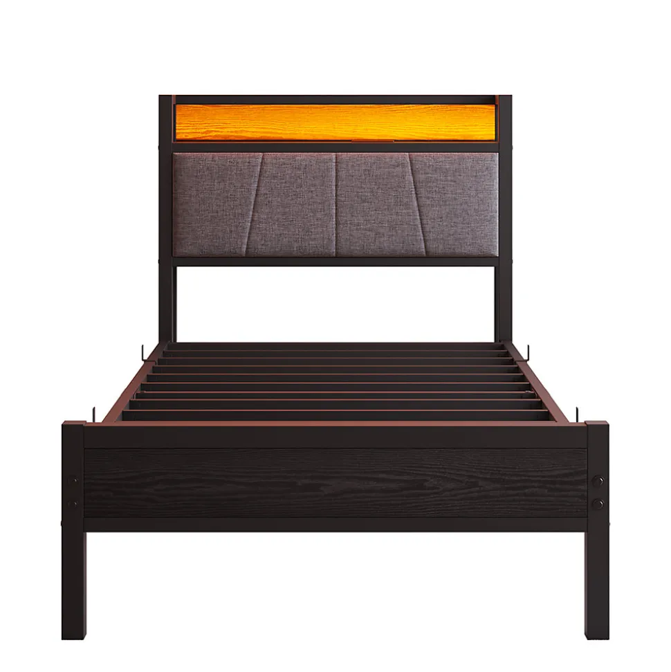 Lit 90x200 cm avec tête haute rembourrée, LED intégrées et station de charge USB, cadre métal noir