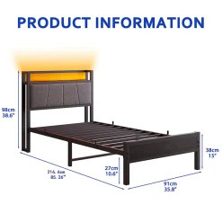 Lit 90x200 cm avec tête haute rembourrée, LED intégrées et station de charge USB, cadre métal noir