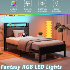 Lit 90x200 cm avec tête haute rembourrée, LED intégrées et station de charge USB, cadre métal noir