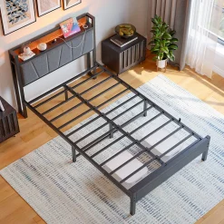 Lit 120x200 cm avec tête haute rembourrée et cadre métal, LED multicolores pilotables et station USB