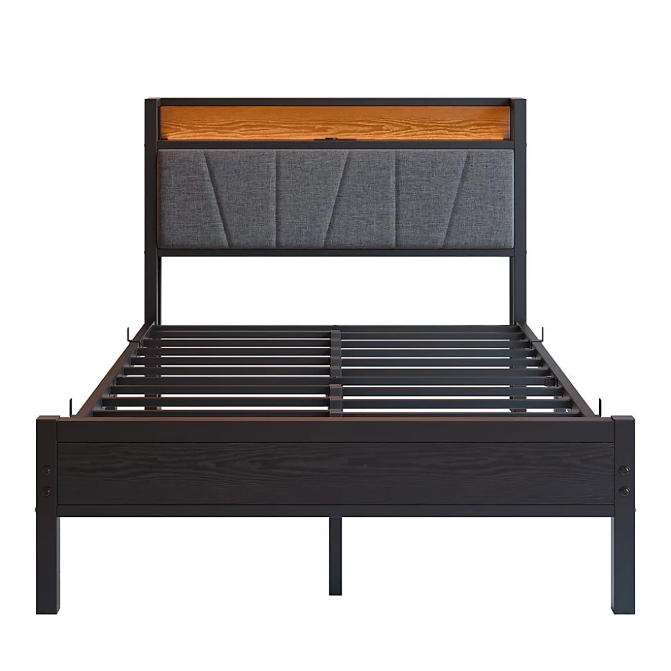 Lit 120x200 cm avec tête haute rembourrée et cadre métal, LED multicolores pilotables et station USB