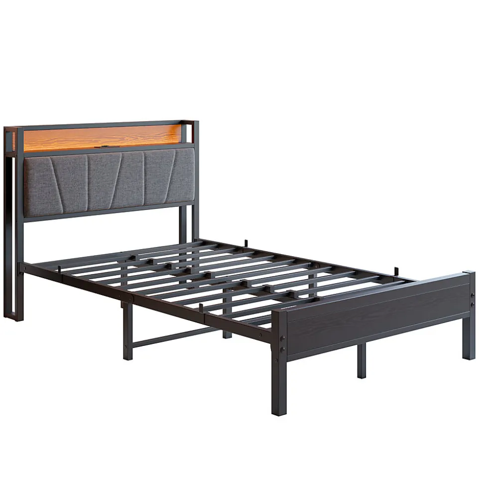 Lit 120x200 cm avec tête haute rembourrée et cadre métal, LED multicolores pilotables et station USB