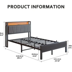 Lit 120x200 cm avec tête haute rembourrée et cadre métal, LED multicolores pilotables et station USB