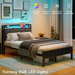 Lit 120x200 cm avec tête haute rembourrée et cadre métal, LED multicolores pilotables et station USB