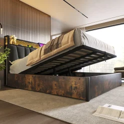 Lit 180x200 cm avec tête LED RGBW, prises et ports USB intégrés, cadre métal gris et rangement sous sommier