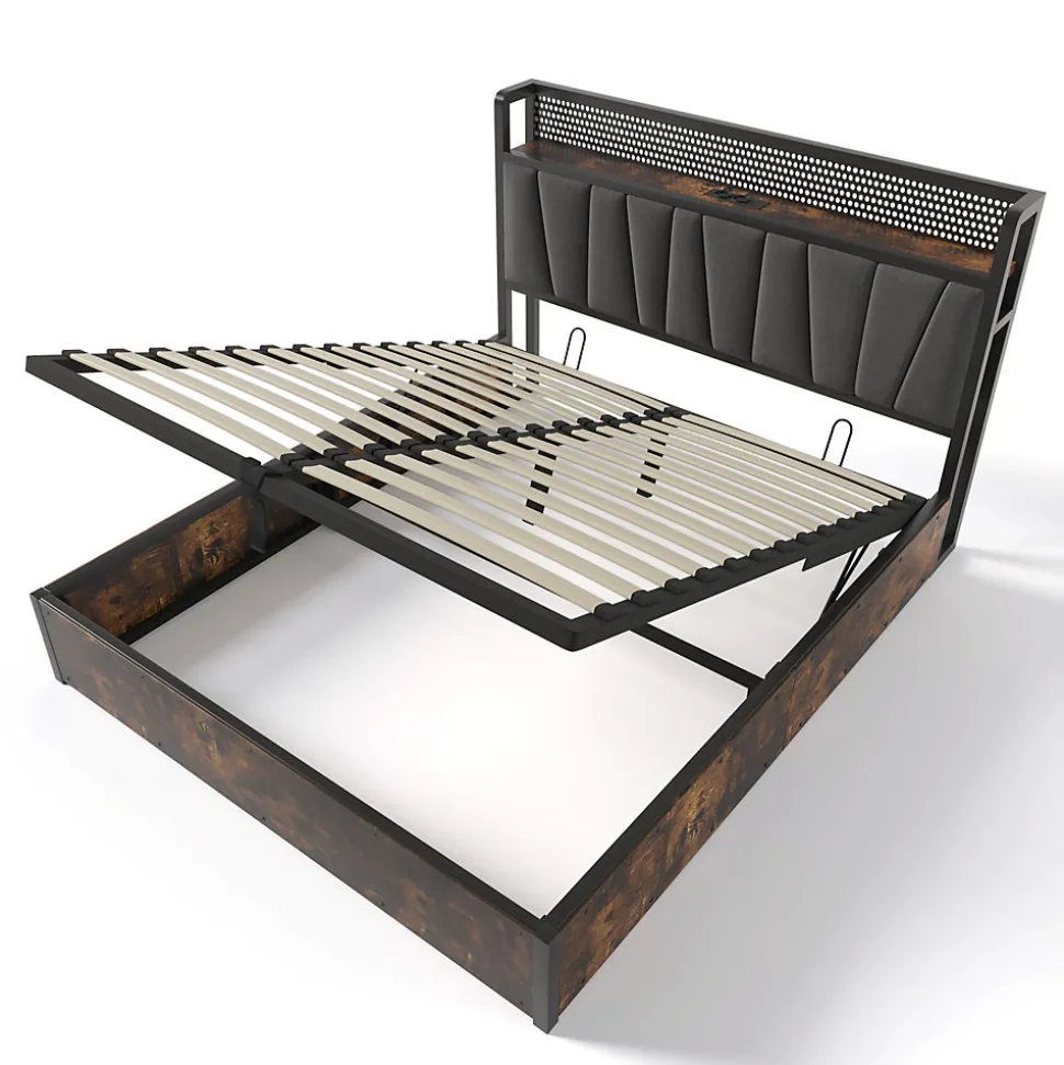 Lit 180x200 cm avec tête LED RGBW, prises et ports USB intégrés, cadre métal gris et rangement sous sommier