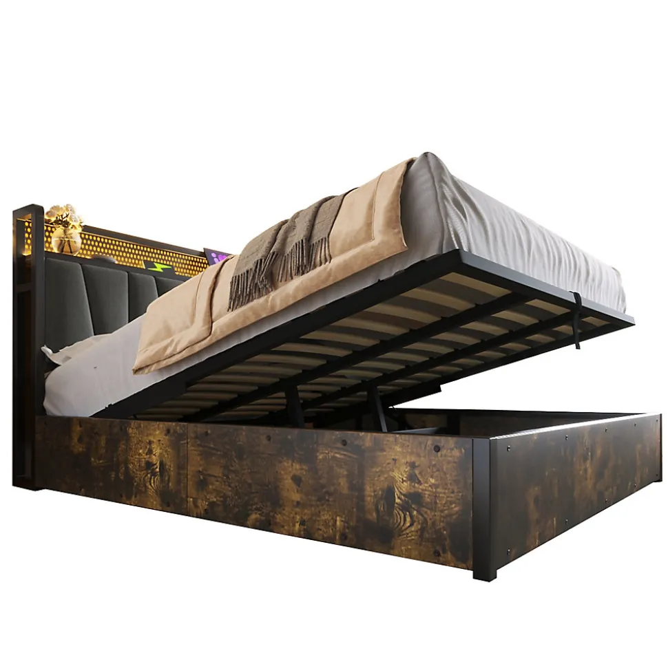 Lit 180x200 cm avec tête LED RGBW, prises et ports USB intégrés, cadre métal gris et rangement sous sommier