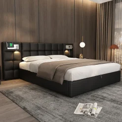 Lit 180x200 cm avec tête rembourrée, rangement hydraulique, port USB et recharge sans fil, PU noir