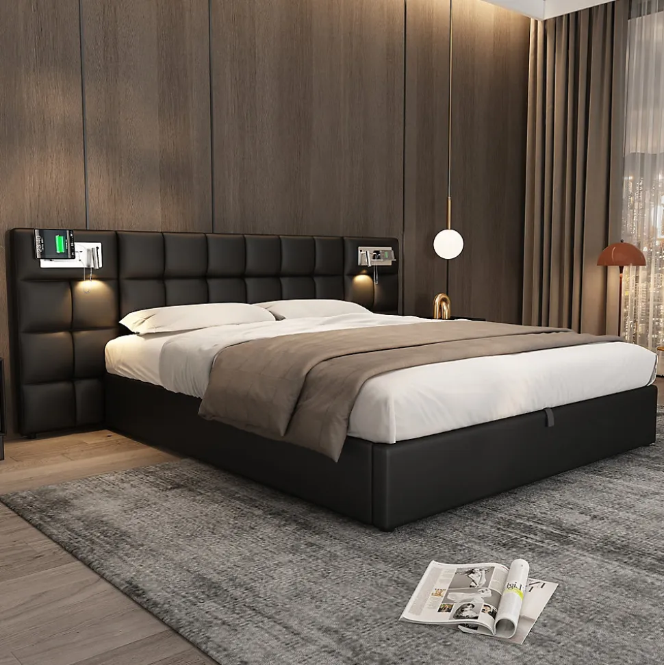 Lit 180x200 cm avec tête rembourrée, rangement hydraulique, port USB et recharge sans fil, PU noir