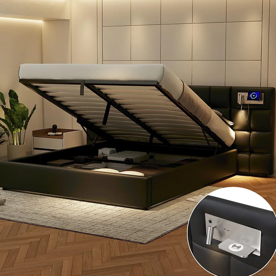 Lit 180x200 cm avec tête rembourrée, rangement hydraulique, port USB et recharge sans fil, PU noir